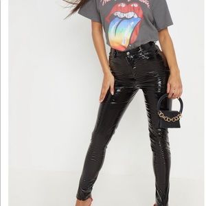 PrettyLittleThing black button front vinyl pants